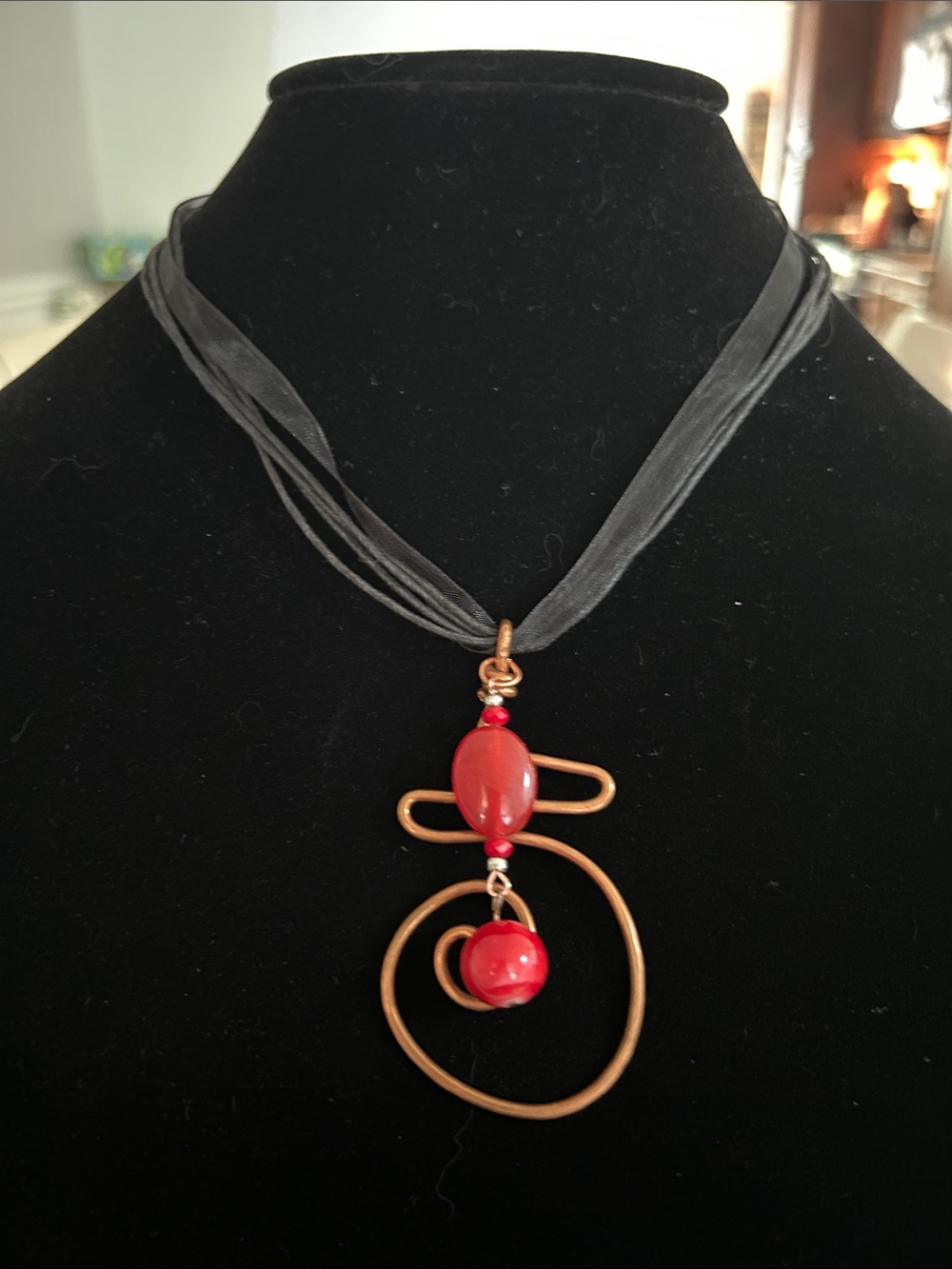 Artisan Red Bead Copper Spiral Pendant Necklace